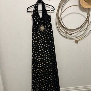 ✨ VINTAGE Y2K Kiss Kiss Gold Polka Dot Halter  Gown ✨